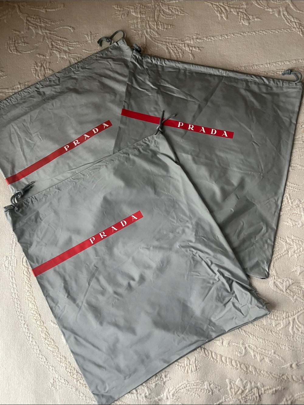 Prada Vinyl Dust Bags Gray Red Logo Drawstrings 13x15 EUC